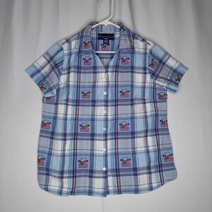 Angelique Vtg 90s Patriotic Top 1X USA Flag Bears Plaid Button Collar Short Slv